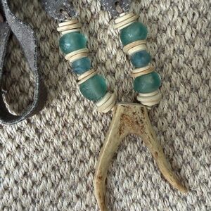 Teal Bead & Bone Wishbone Pendant Necklace